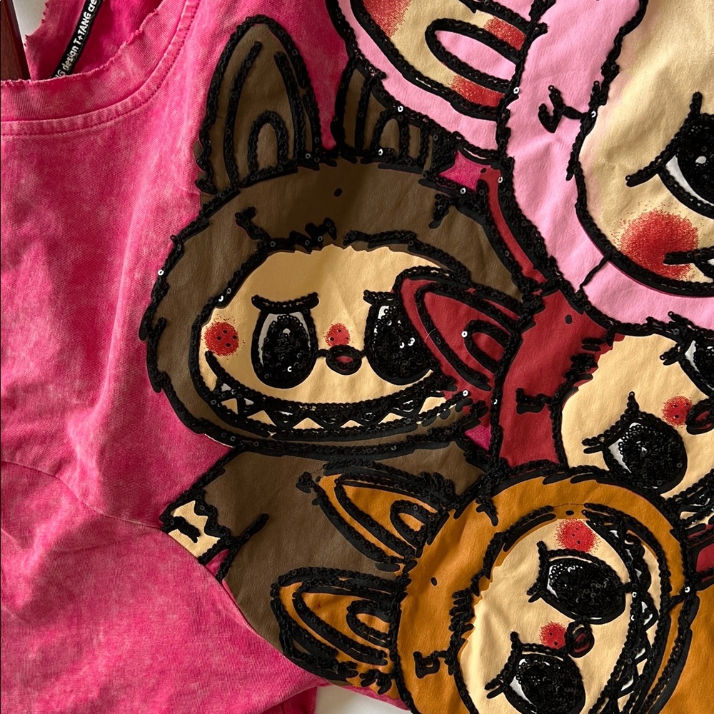 T+Tang Labubu graphic tee sequin pink distressed sh sleeve Unisex OS Plus Size - Picture 11 of 11
